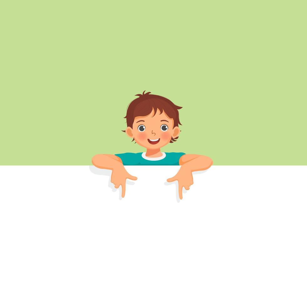 Cute little boy standing behind blank board peeking and pointing to empty banner with finger vector