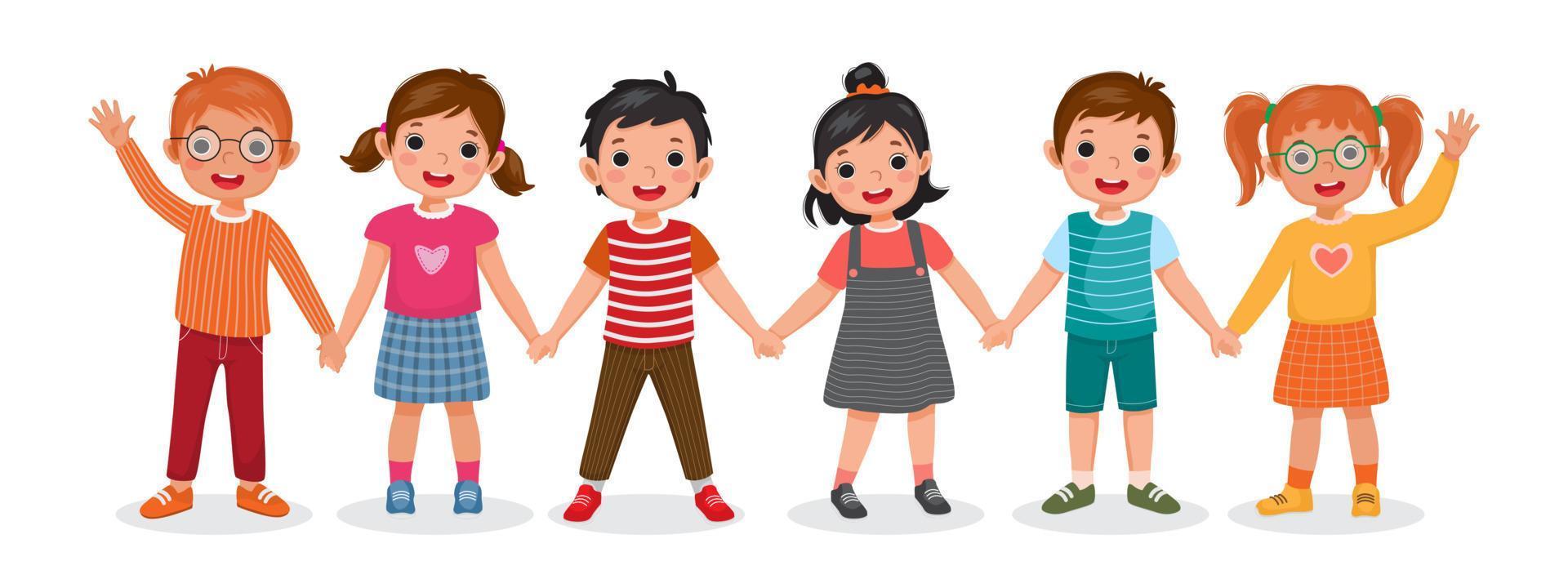 Group of happy cute children, boys and girls, standing together waving and holding hands showing happiness of friendship and unity vector