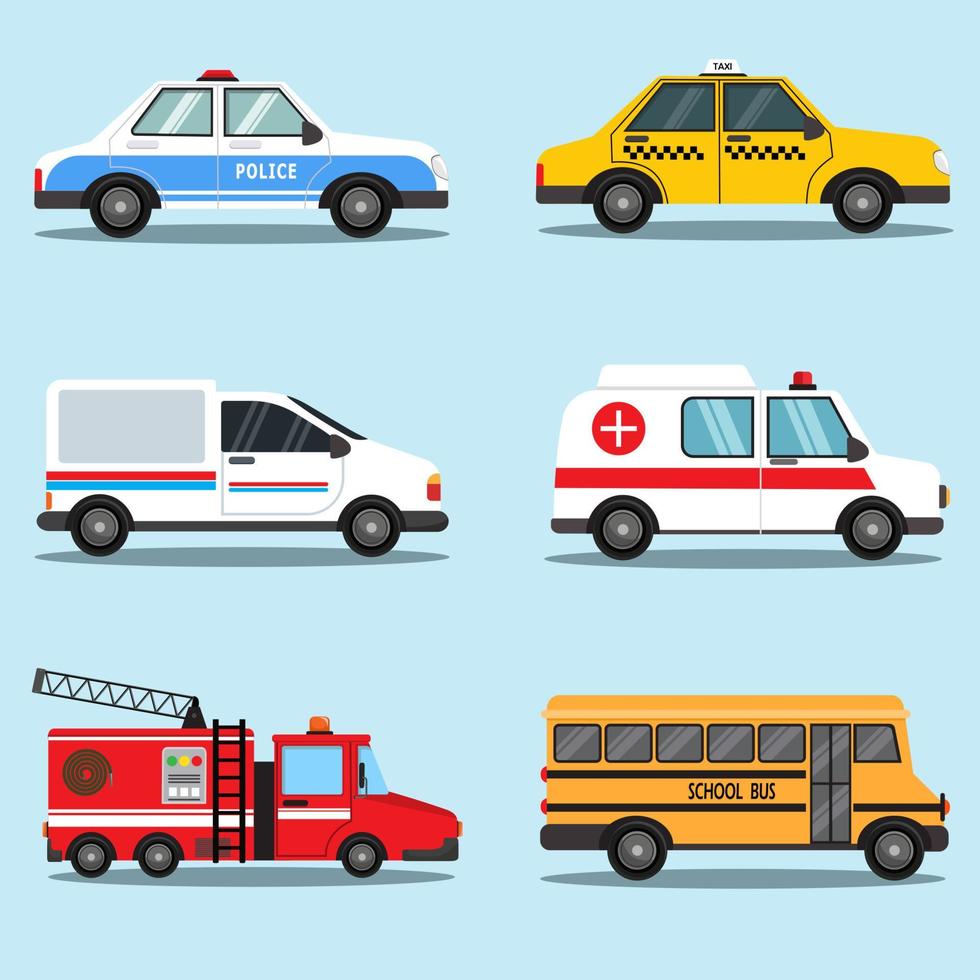 Set of different kind of public transportation vector such as police car, taxi, delivery van, ambulance, fire truck, and school bus. Collection of cartoon style transport vehicles illustration design