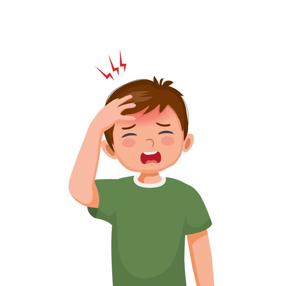 Little boy suffering from headache or migraine touching his forehead vector