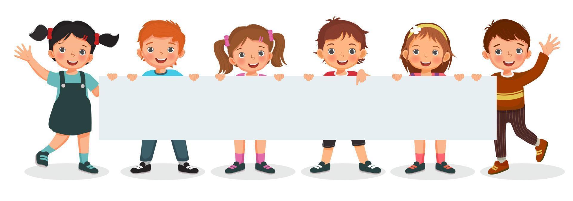 Group of children holding a long empty banner or poster. Vector of boys and girls showing placard with empty space templates for text, banner, ads