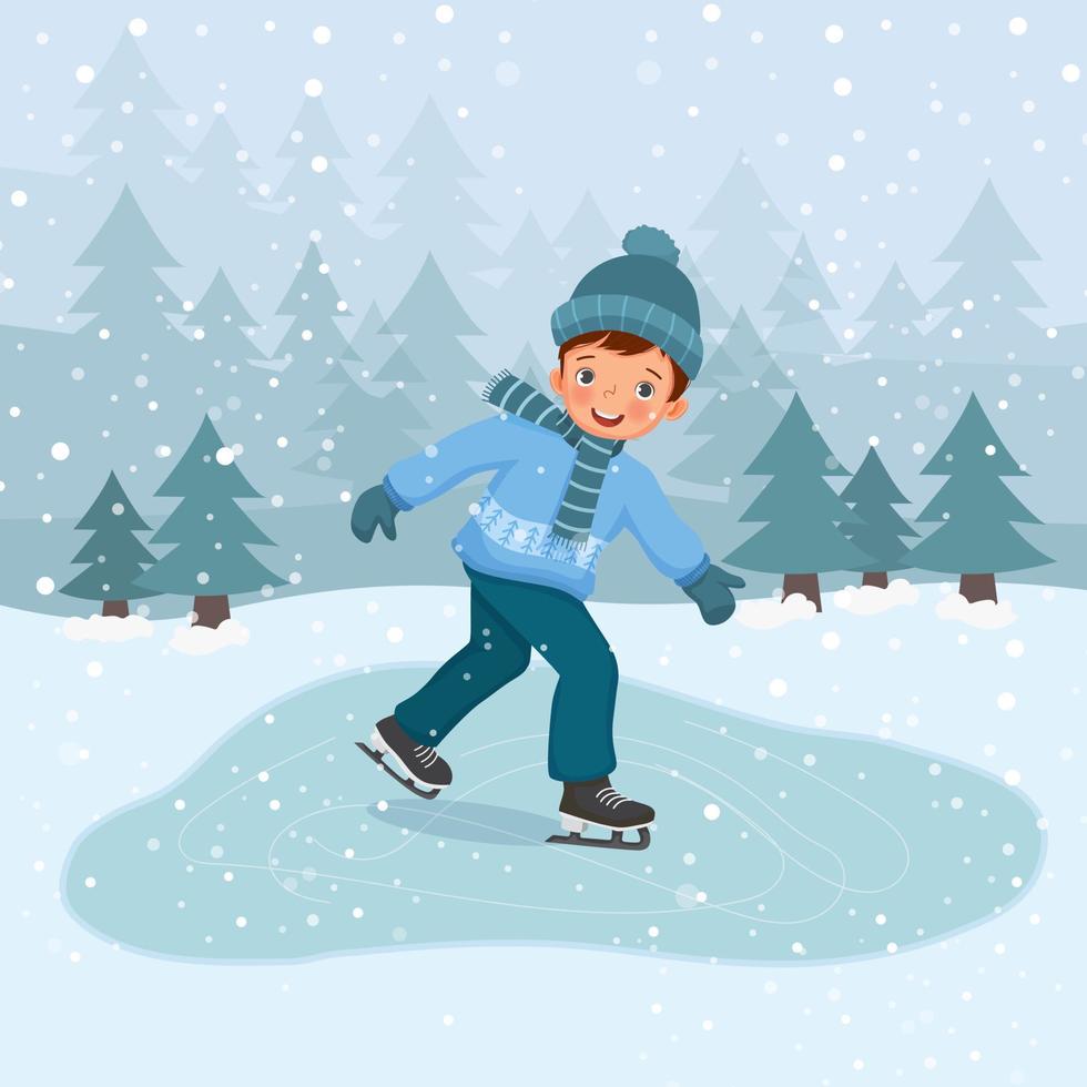 Cute little boy wearing warm winter clothes ice skating outdoor on frozen pool in the snowy landscape background vector