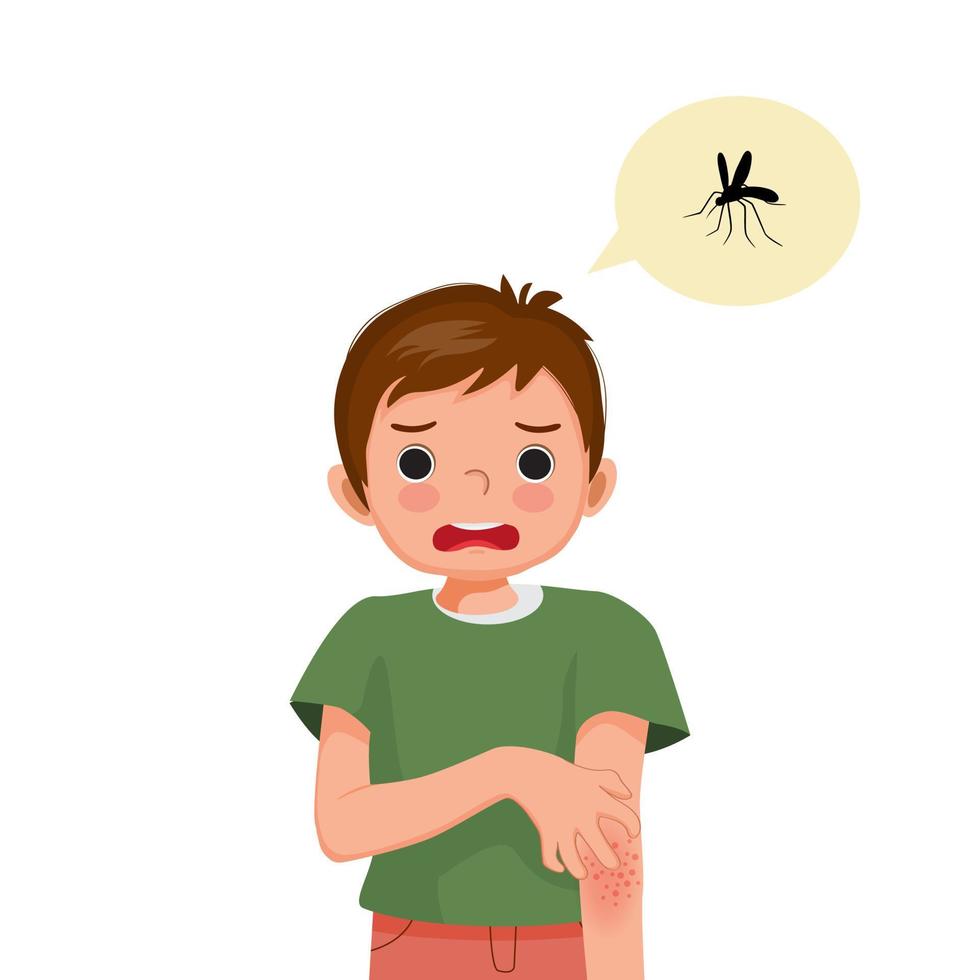 Little boy scratching his hand that has skin rash and swelling redness spot allergy from mosquitoes and insects bites vector