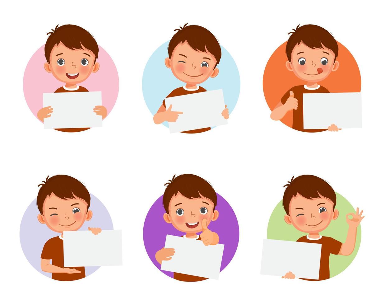 Cute little boy holding blank placard or poster in various facial expressions and hand gestures, include like, thumb up, finger pointing. Board sign with empty space templates for banner, ads design vector