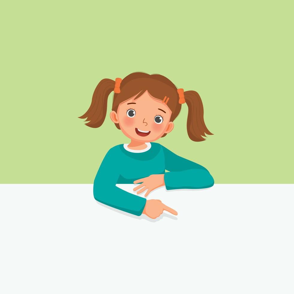 Cute little girl standing behind blank board peeking and pointing to empty banner with finger vector