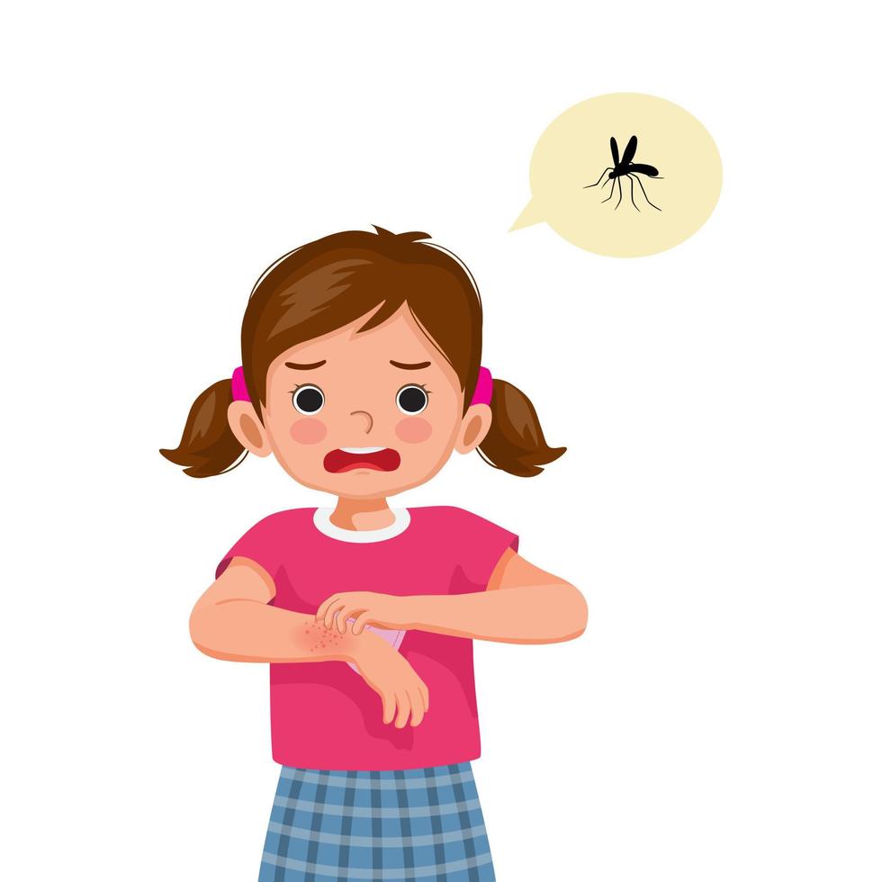Little girl scratching her hand that has skin rash and swelling redness spot allergy from mosquitoes and insects bites vector