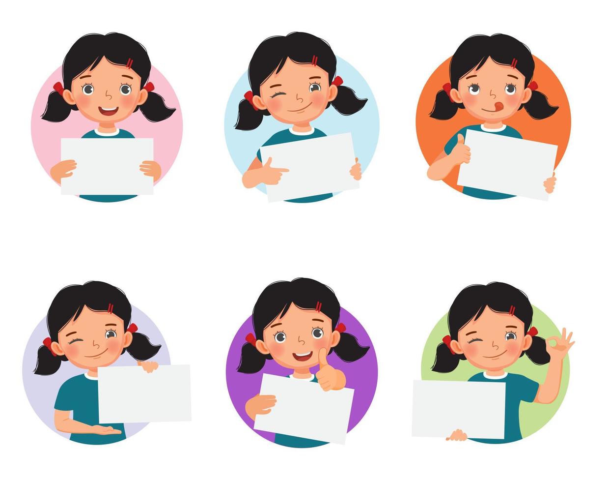 Cute little girl holding blank placards or posters in various facial expressions and hand gestures, such as, thumb up, pointing fingers. Board sign with empty space template for banner, text, ads vector