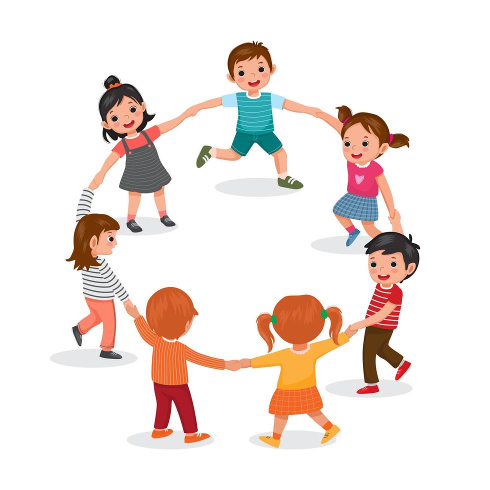 grupo de lindos y felices niños, niños y niñas, tomándose de la mano y bailando en círculo, divirtiéndose jugando juntos con una sonrisa en sus caras vector