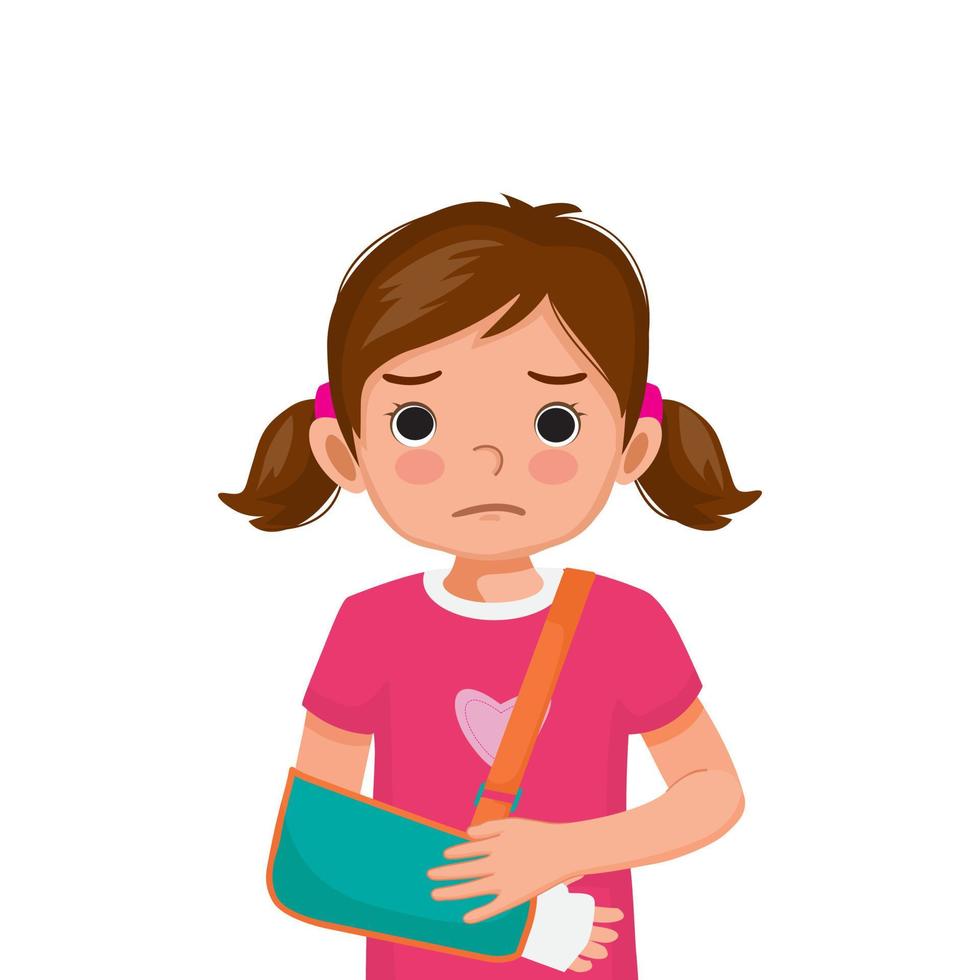 Little girl with broken arm in bandage wearing arm sling after accident vector
