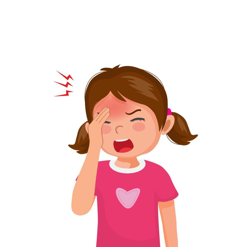 Little girl suffering from headache or migraine touching her forehead vector