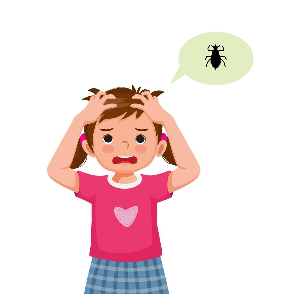 Cute little girl with lice infection on hair scratching her itchy scalp and head vector