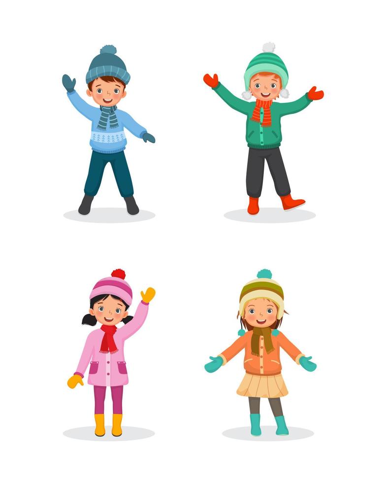 Set of children cartoon characters wearing winter clothes posing and waving hands vector