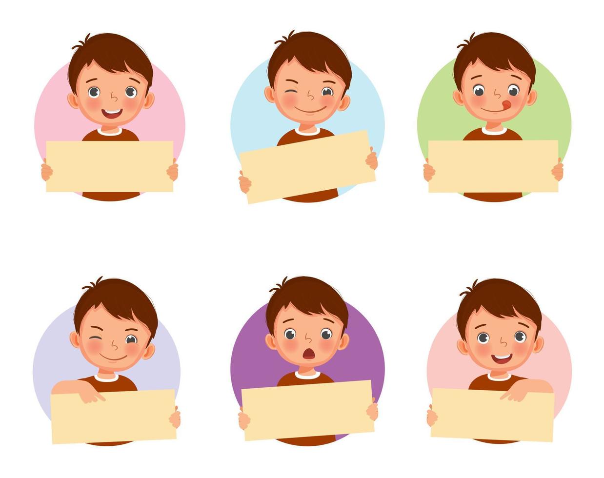 Set of vector cute little boy holding blank placards or posters in various facial expressions and hand finger gestures. Board sign with Empty space templates for text, banners and ads