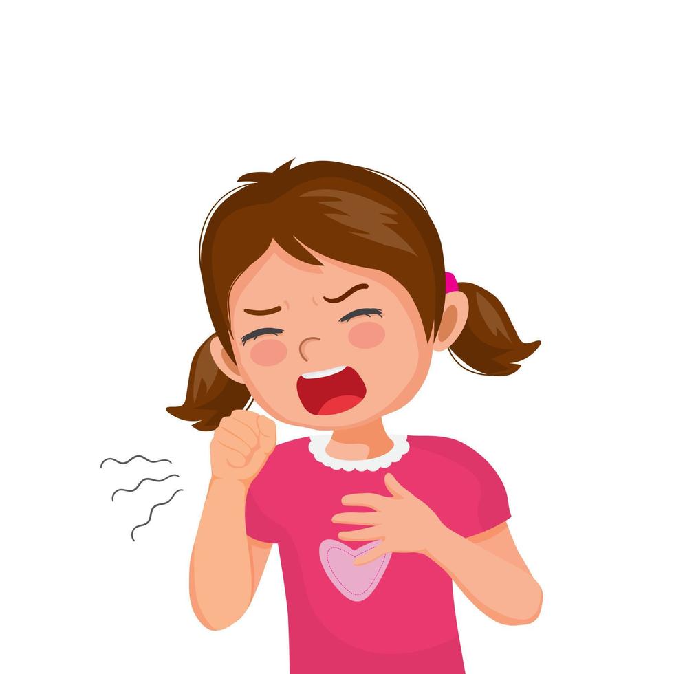 Little girl coughing feeling unwell holding her chest as symptom for cold or bronchitis vector