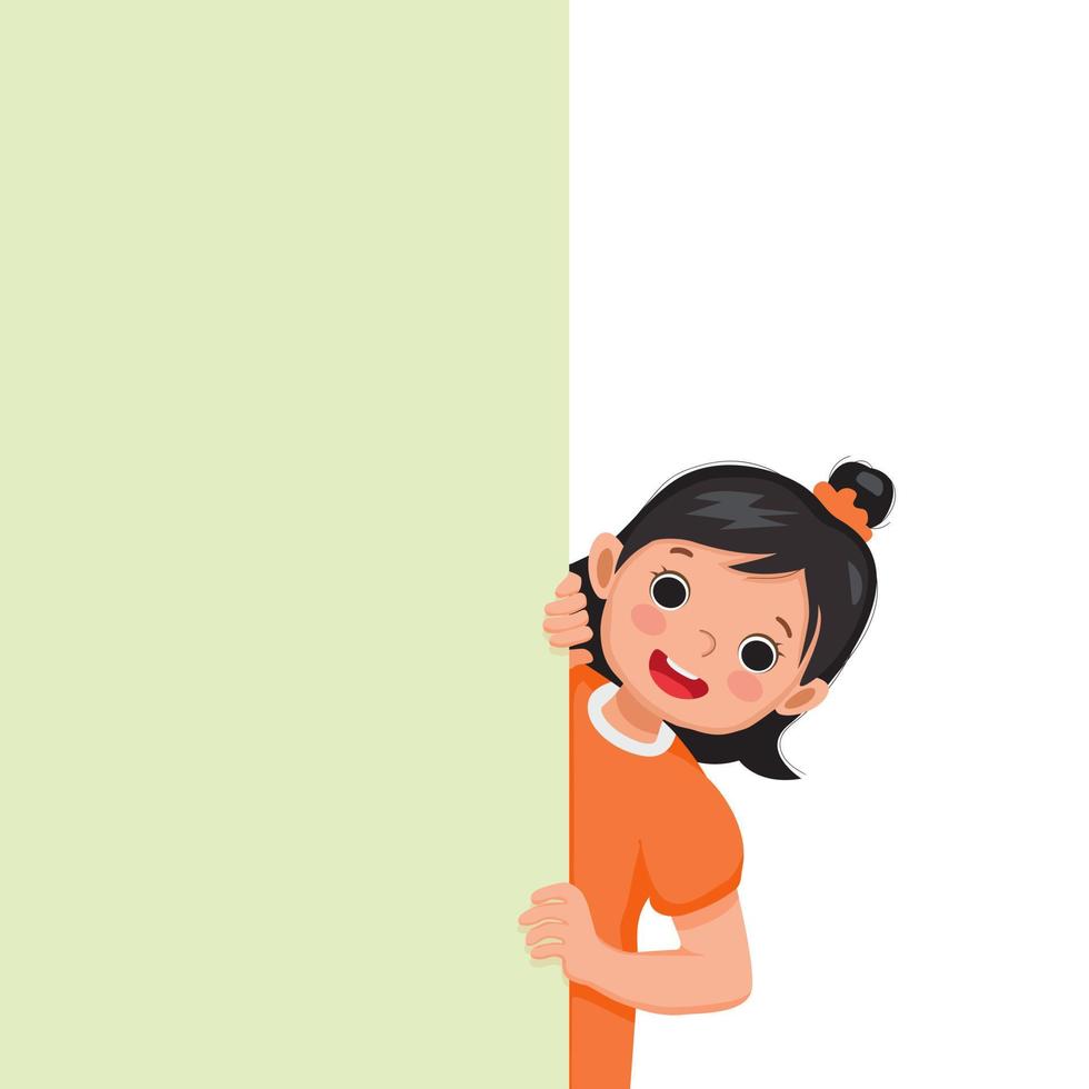 Cute little girl standing behind blank board peeking and pointing to empty banner with finger vector
