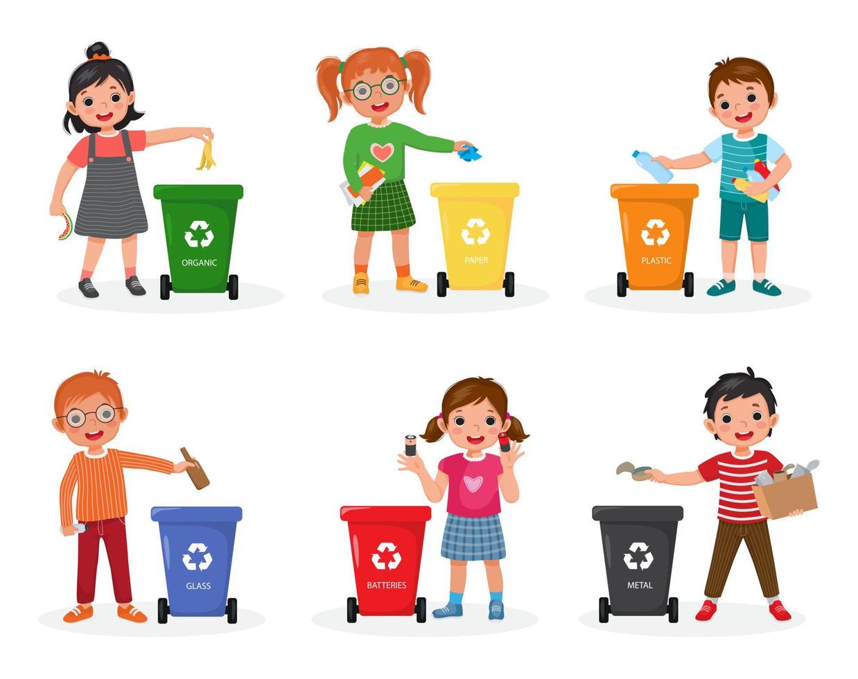 niños clasificando basura, como desechos orgánicos, de papel, plástico, vidrio, metal y pilas, y tíralos en contenedores de basura de diferentes colores. niños reciclando para salvar el concepto de la tierra vector