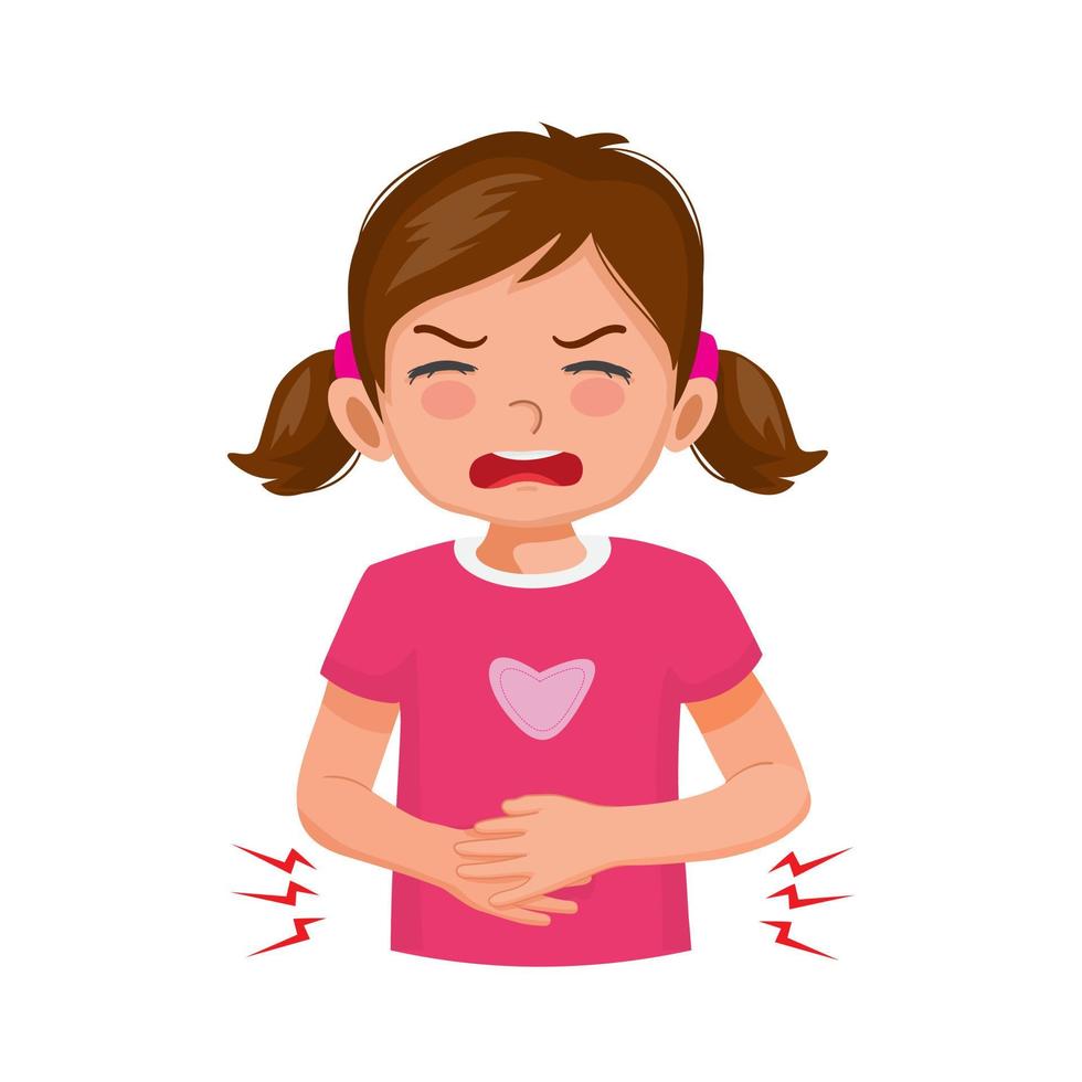 Cute little girl suffering from stomach ache, diarrhea, abdominal pain, gastritis, or food poisoning holding her belly vector