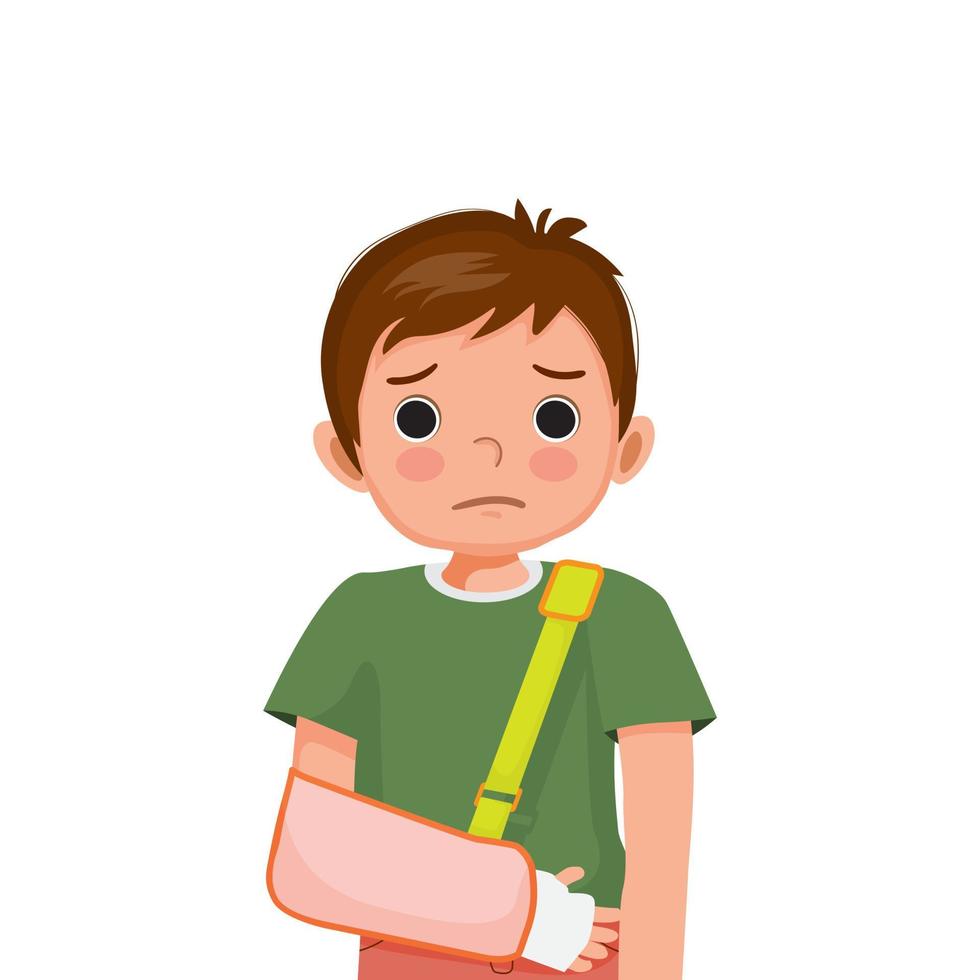 Little boy with broken arm in bandage wearing arm sling after accident. vector