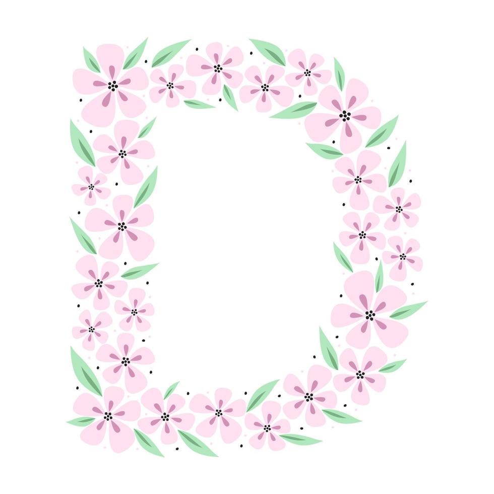 Floral botanical alphabet. Vintage hand drawn letter D. Letter with plants and flowers. Vector lettering isolated on white
