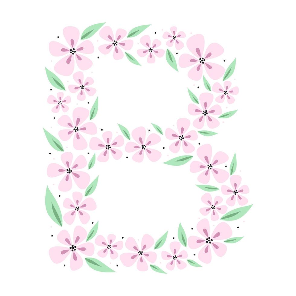 Floral botanical alphabet. Vintage hand drawn letter B. Letter with plants and flowers. Vector lettering isolated on white