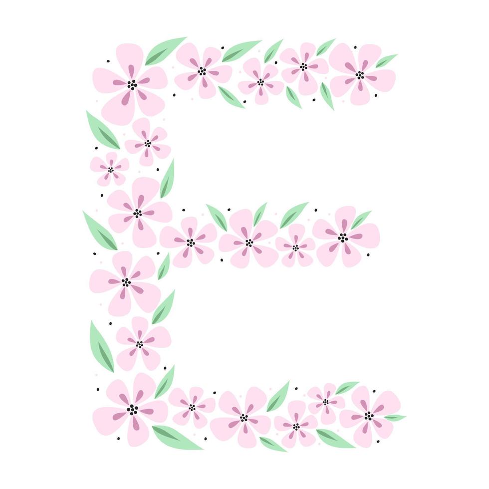 Floral botanical alphabet. Vintage hand drawn monogram letter E. Letter with plants and flowers. Vector lettering isolated on white