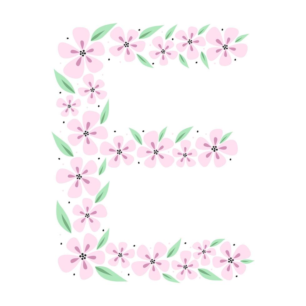 Floral botanical alphabet. Vintage hand drawn monogram letter E. Letter with plants and flowers. Vector lettering isolated on white