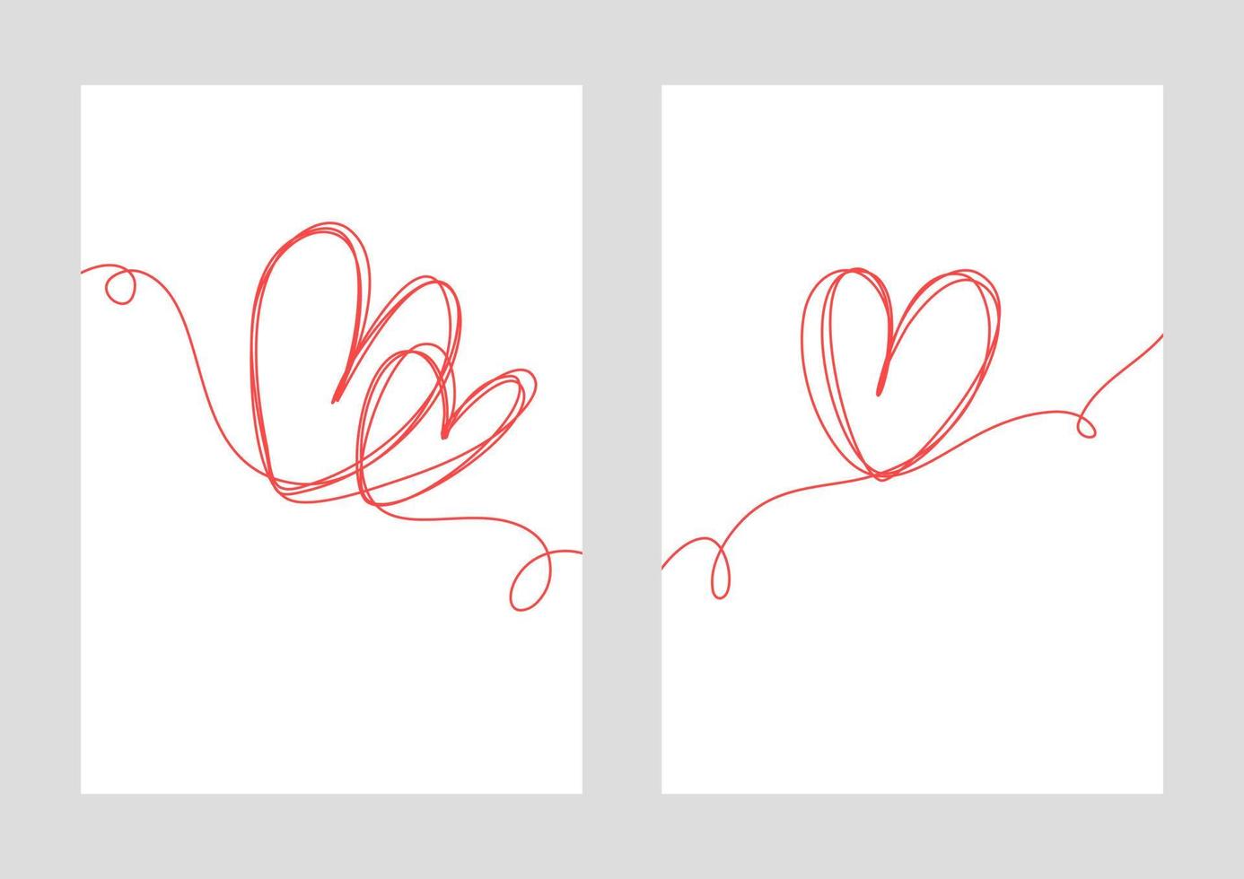 Set of posters with heart. Continuous one line drawing of red heart on white background. Thin line of love icon. Vector illustration