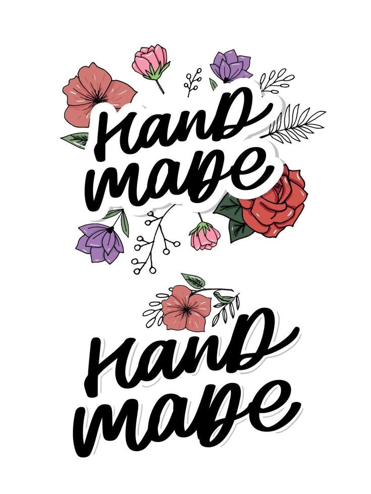 Label or logo with lettering hand made. Vector flat illustrations. Modern and stylish badge. Thin line inscription handmade, made with love, craft product on white.