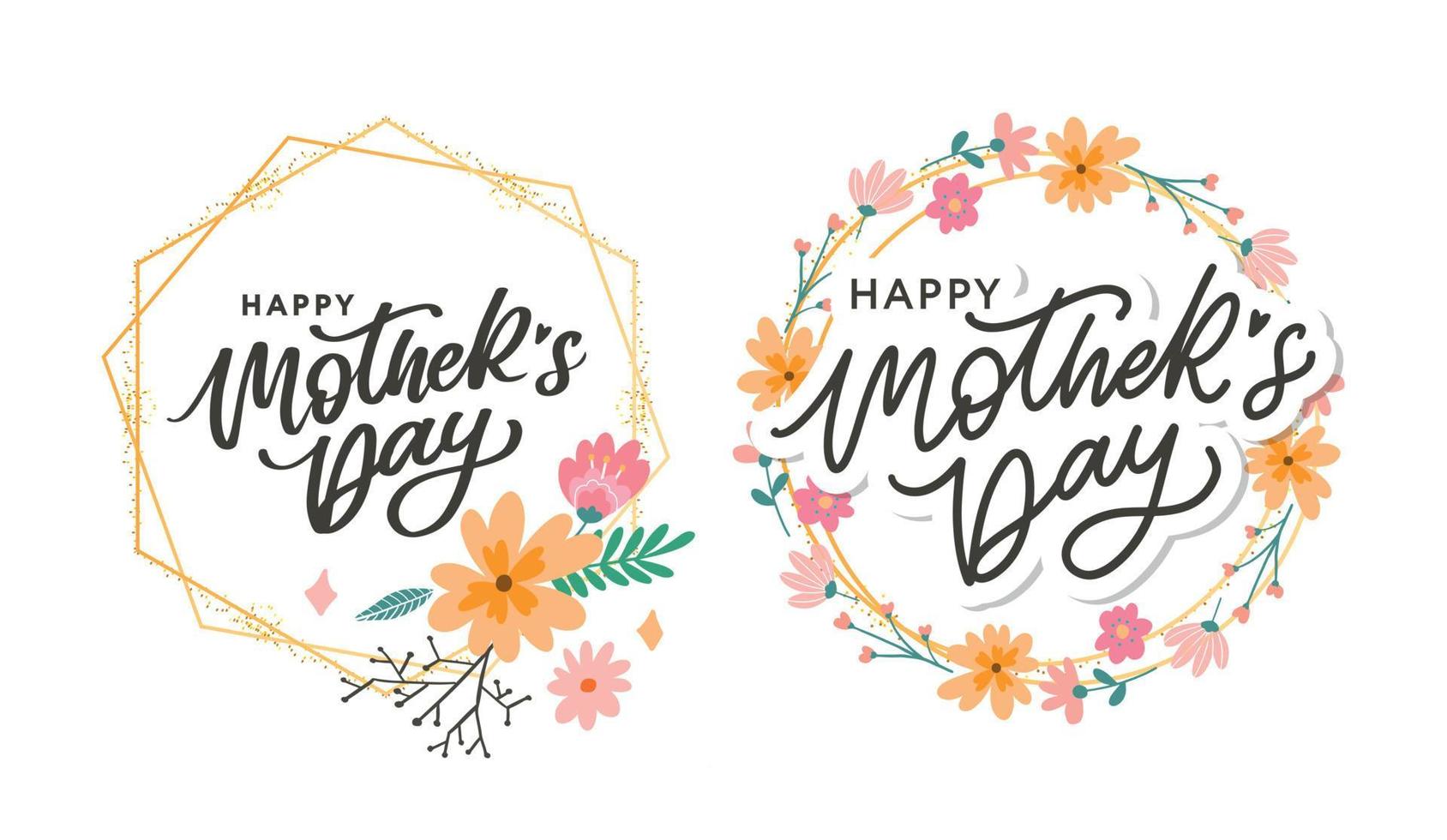 Letras del día de las madres felices. ilustración de vector de caligrafía hecha a mano. tarjeta del día de la madre con flores