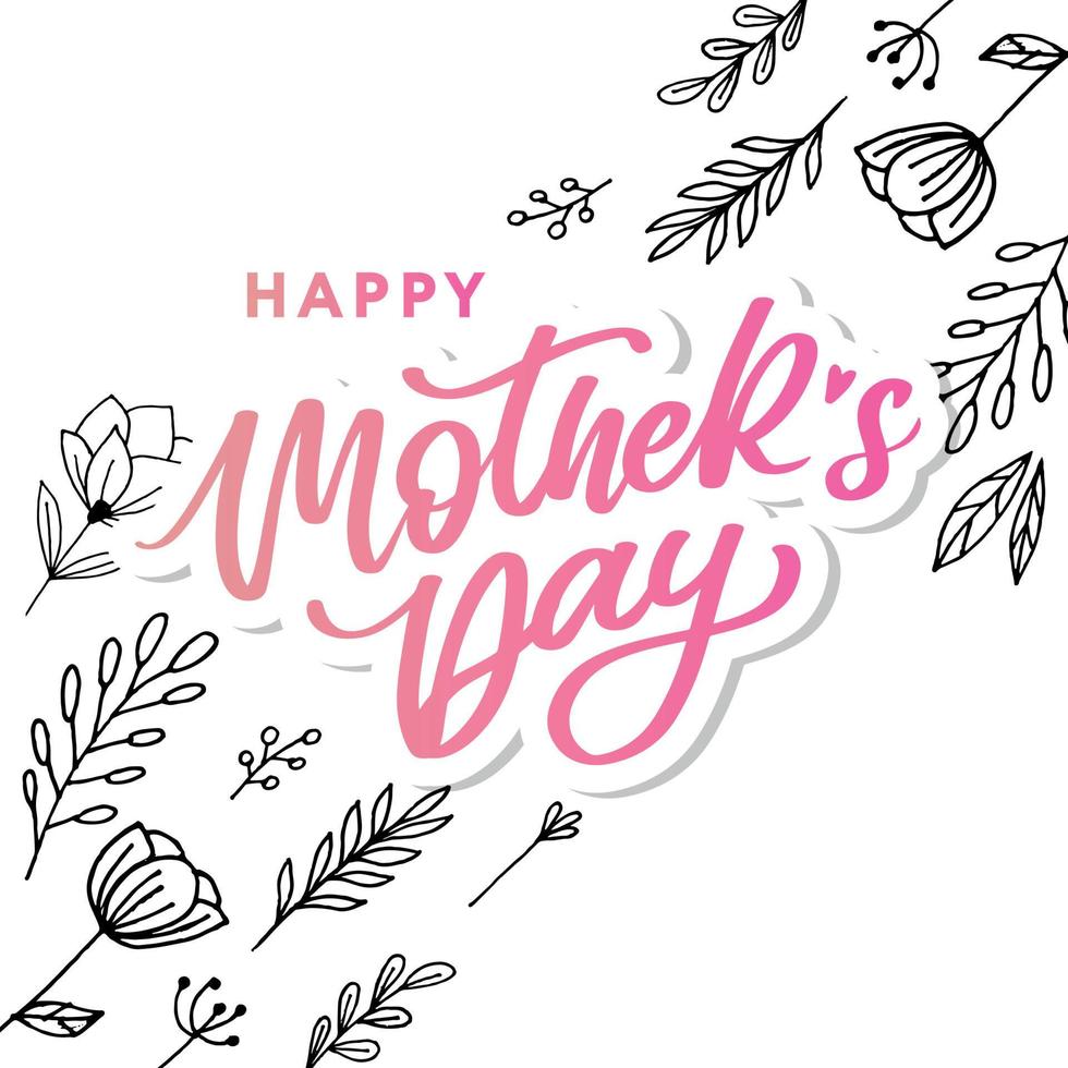 Letras del día de las madres felices. ilustración de vector de caligrafía hecha a mano. tarjeta del día de la madre con flores