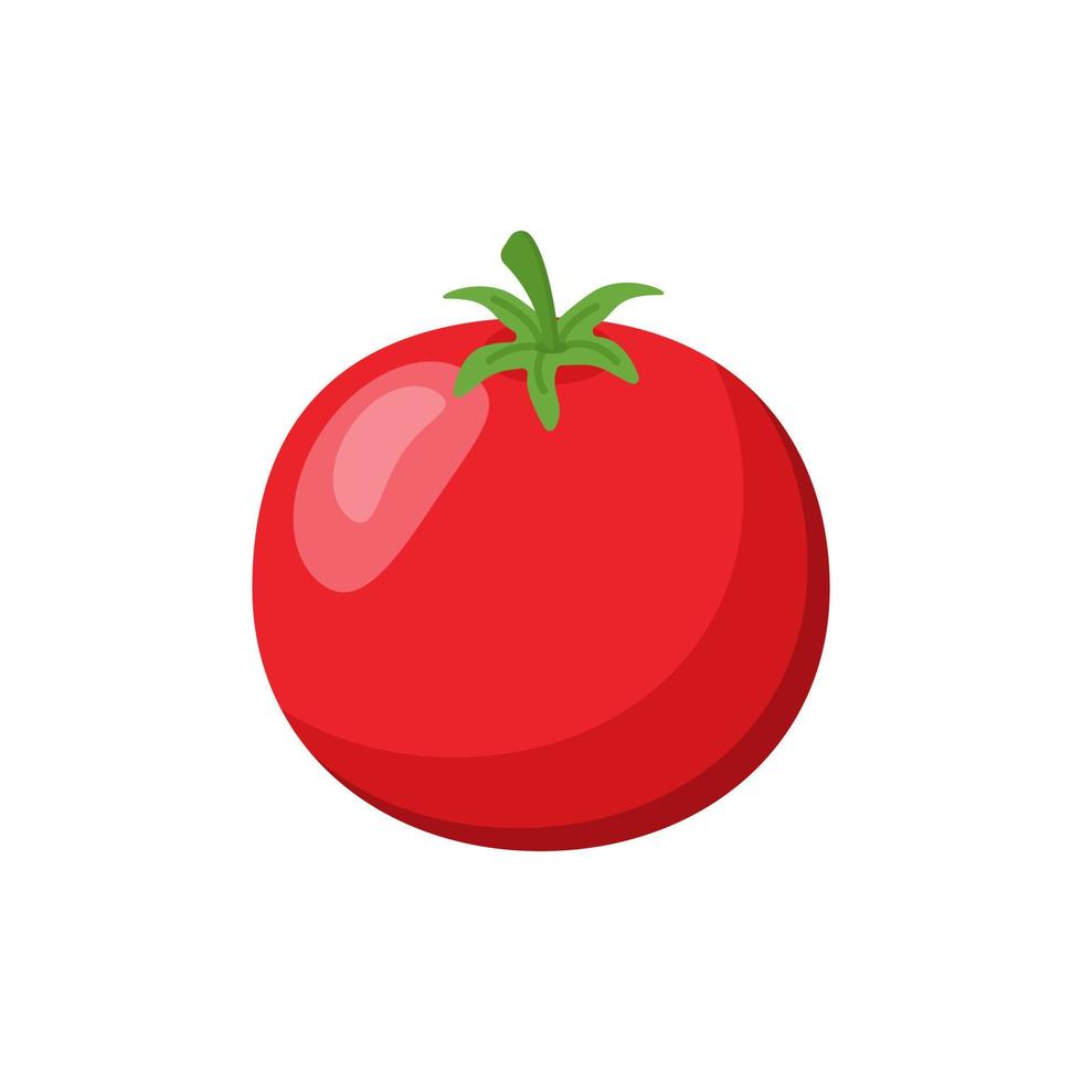 tomate rojo jugoso brillante con hojas verdes, aislado en un fondo blanco. estilo de dibujos animados verduras, comida sana vector