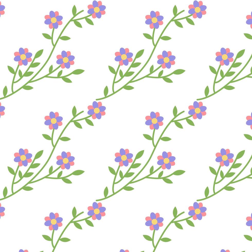 Seamless spring pattern with cute flowers and leaves. Blooming green branch. Hand drawn flat cartoon elements vector
