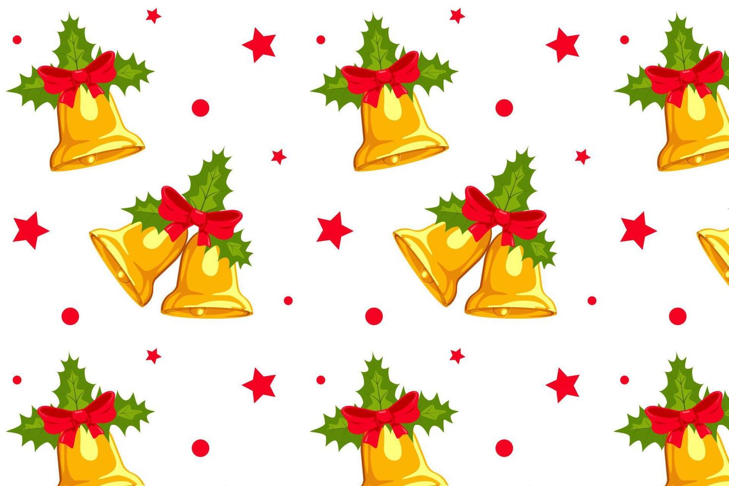 Seamless pattern with Christmas bells on white background. Packaging paper, textiles, banner. Home decor, holly leaves, red bow. Symbol of Christmas and New Year vector