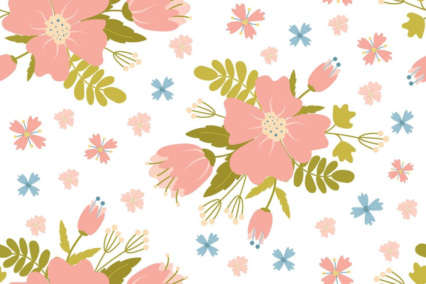 patrón floral transparente de delicadas flores de primavera en colores pastel. adecuado para textiles, embalaje, decoración de interiores. fondo romántico. dibujo de color a mano. vector