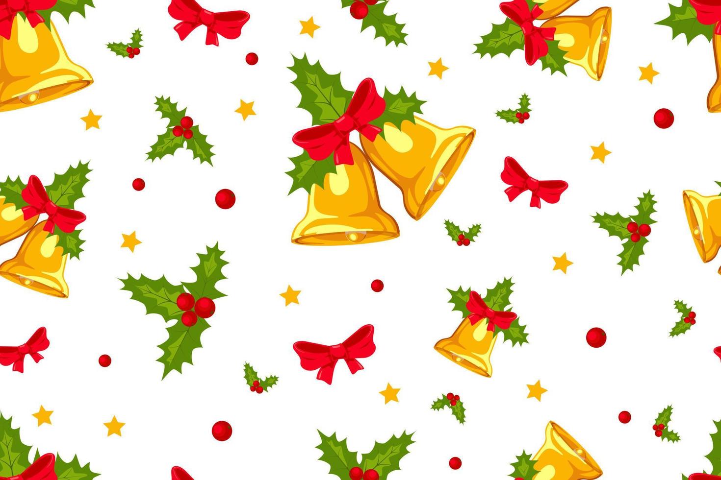 Seamless pattern with Christmas bells, holly leaves and berries on white background. Packaging paper, textiles, wallpaper, banner. Symbol of Christmas and New Year. vector