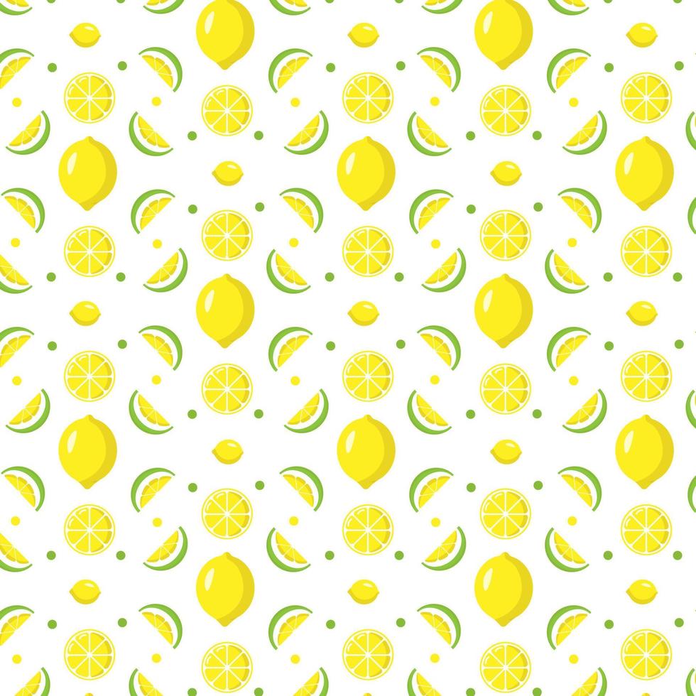 patrón repetitivo sin fisuras de jugoso limón entero y rodajas de flores amarillas y verdes sobre un fondo blanco. perfecto para tela, textil, envoltura de regalos, papel tapiz, fondo vector