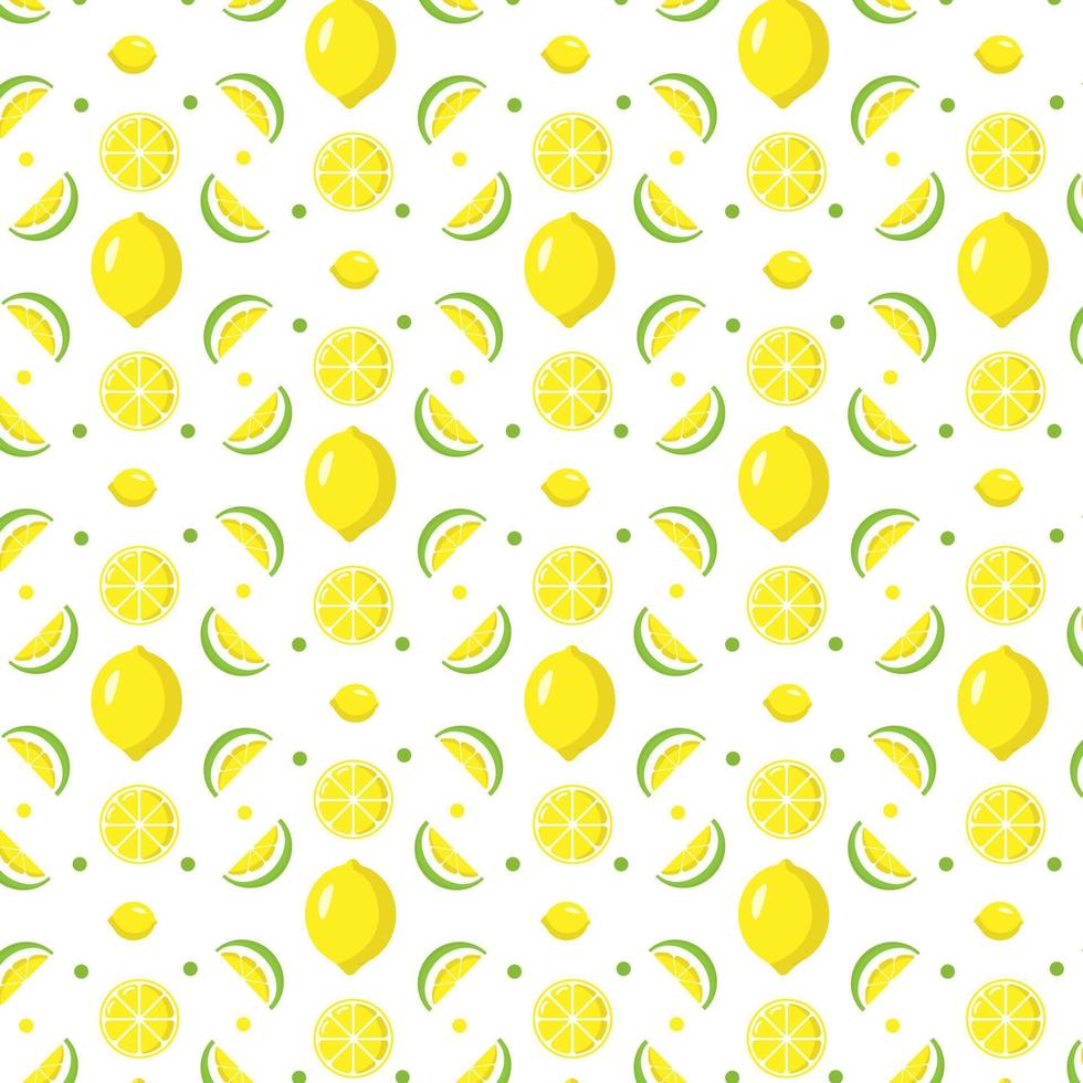 Seamless repeating pattern of juicy whole lemon and slices of yellow and green flowers on a white background. Perfect for fabric, textile, gift wrapping, wallpaper, background vector