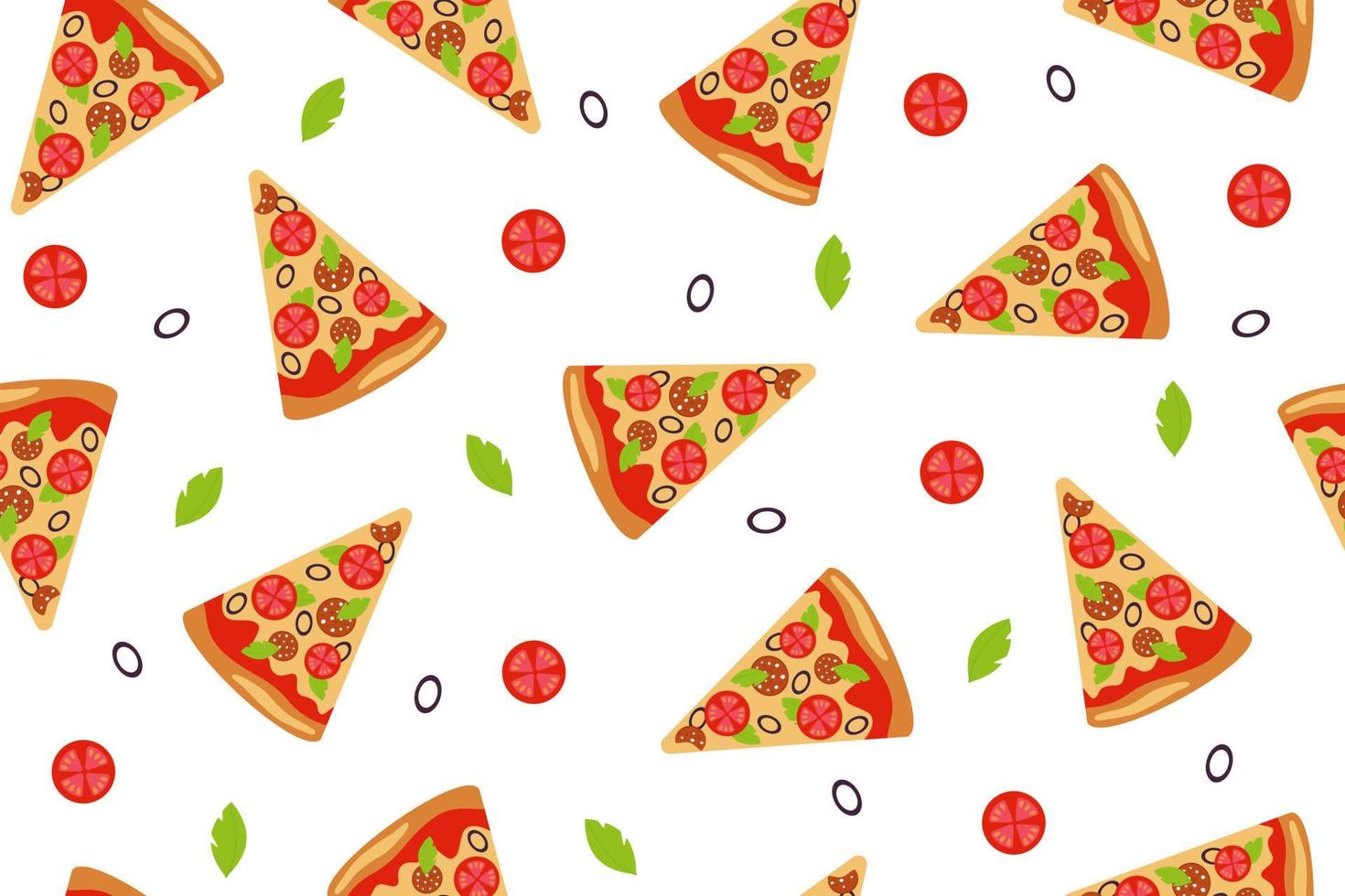 Seamless pattern with pizza slices, tomatoes and lettuce leaves on white background. For textiles, backgrounds, menus. Fast food, pastries, Italian cuisine vector