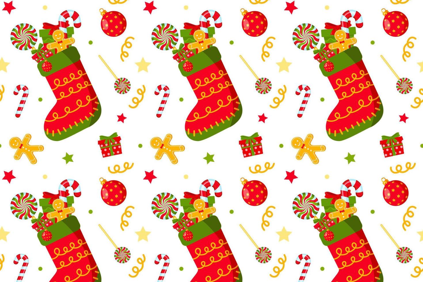 Seamless pattern with Christmas sock with gifts on white background. Packaging paper, textiles. Home decor, gingerbread man, lollipop, candy. Symbol of Christmas and New Year vector