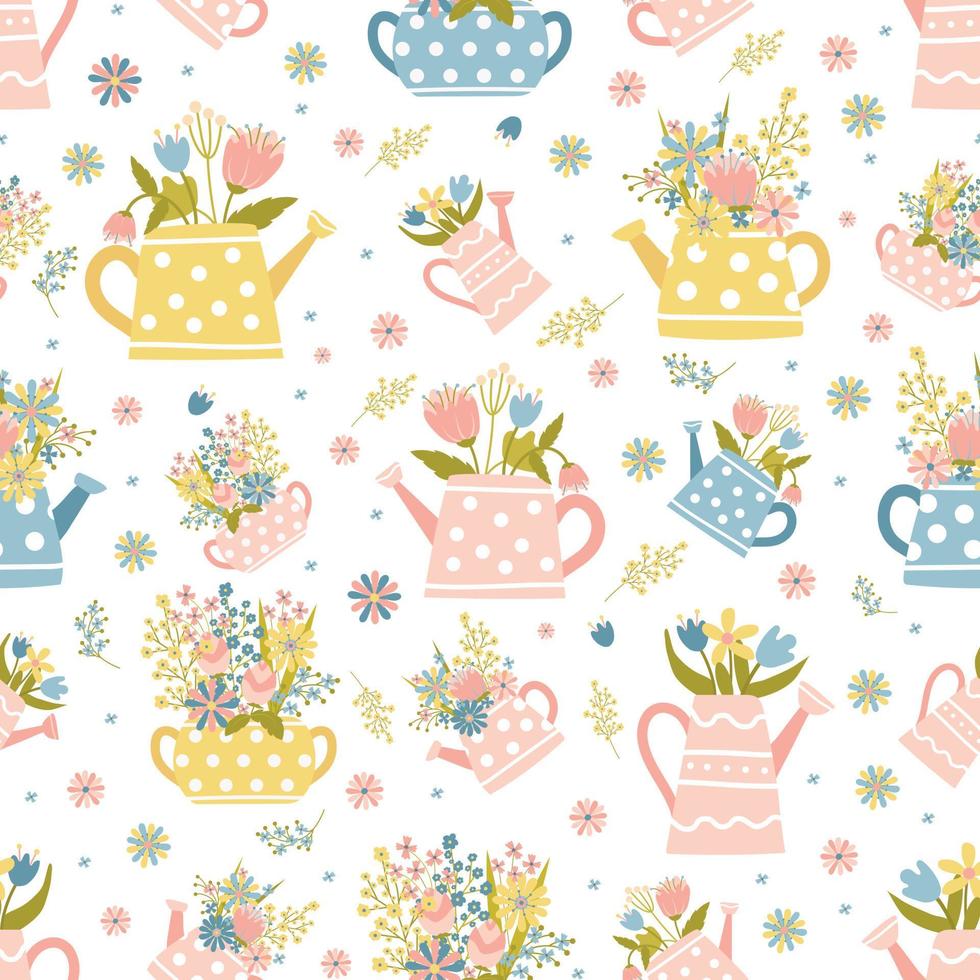 Spring Seamless pattern. Garden watering cans with delicate flowers. Colored doodles for Easter. Childish print for nursery. For posters, cards, clothes vector