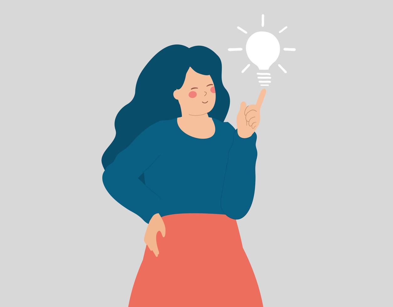 Smart woman has business idea and looks confident. Happy entrepreneur female points with her index finger on a light bulb over her. Concept of creativity, innovation, solution and mindset. Vector. vector