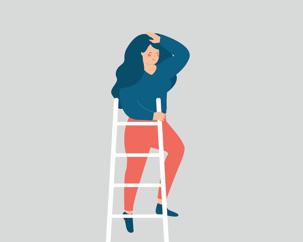 Entrepreneur woman climbs at the top of ladder to looks into the future. Businesswoman searches for business opportunities. Professional career, personal development and women's empowerment concept. vector