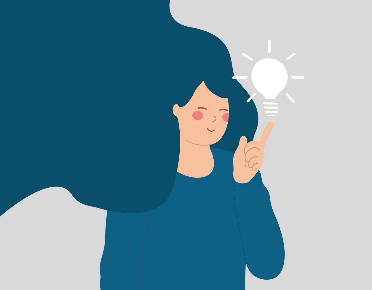 mujer inteligente tiene idea de negocio. mujer empresaria segura de sí misma señala con su dedo índice una bombilla sobre ella. concepto de creatividad, innovación, solución, mentalidad empresarial. ilustración vectorial vector