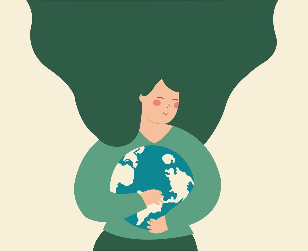 Woman embraces and holds the mother earth. Young girl cares the green planet. Illustration of Earth day and saving planet. Nature and environment protection and energy saving concept. Vector stock.