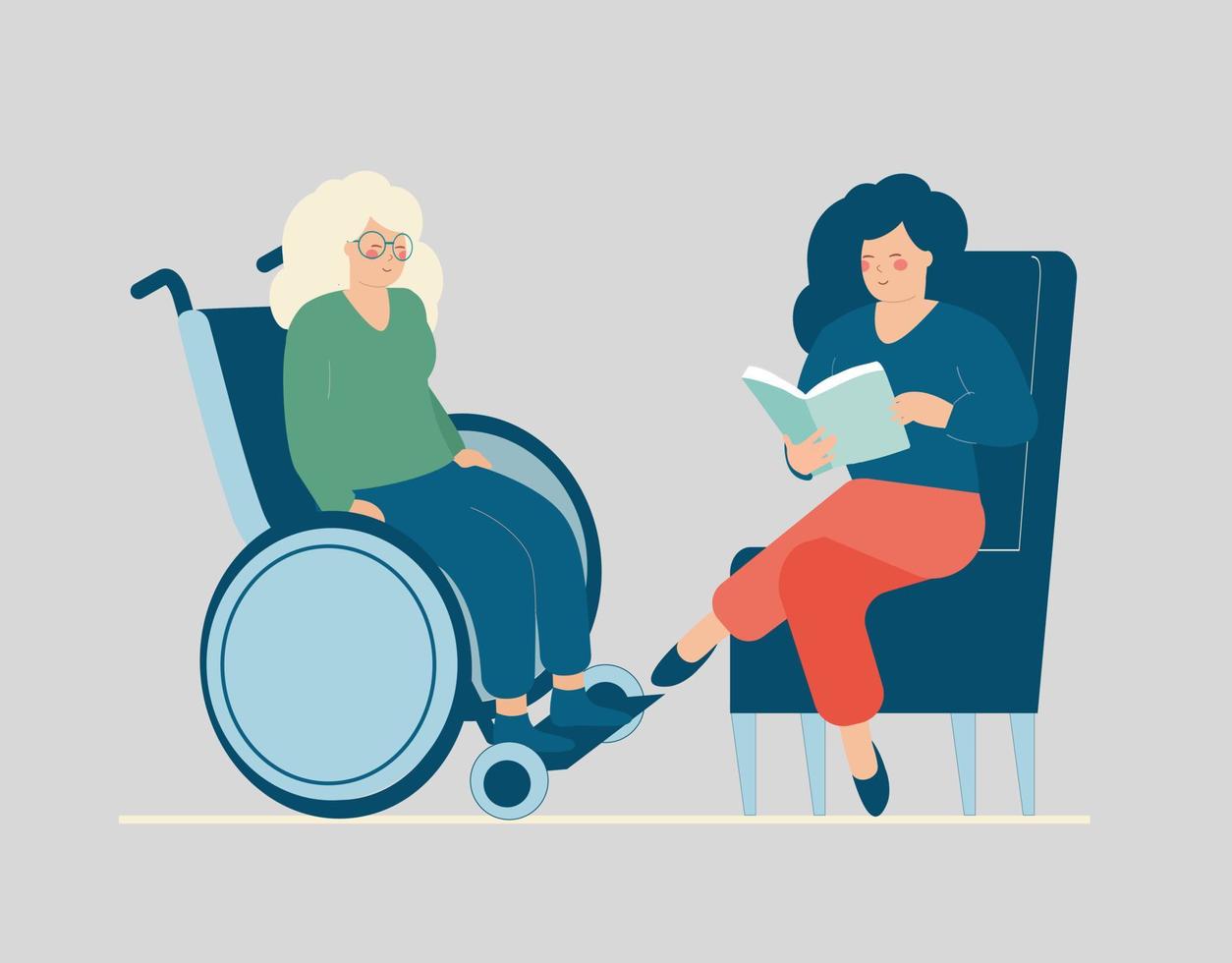 Woman or daughter is reading a book to an elderly person with a disability uses a wheelchair. Caregiver or social assistance taking care of senior people. Alzheimer disease, mental health concept. vector