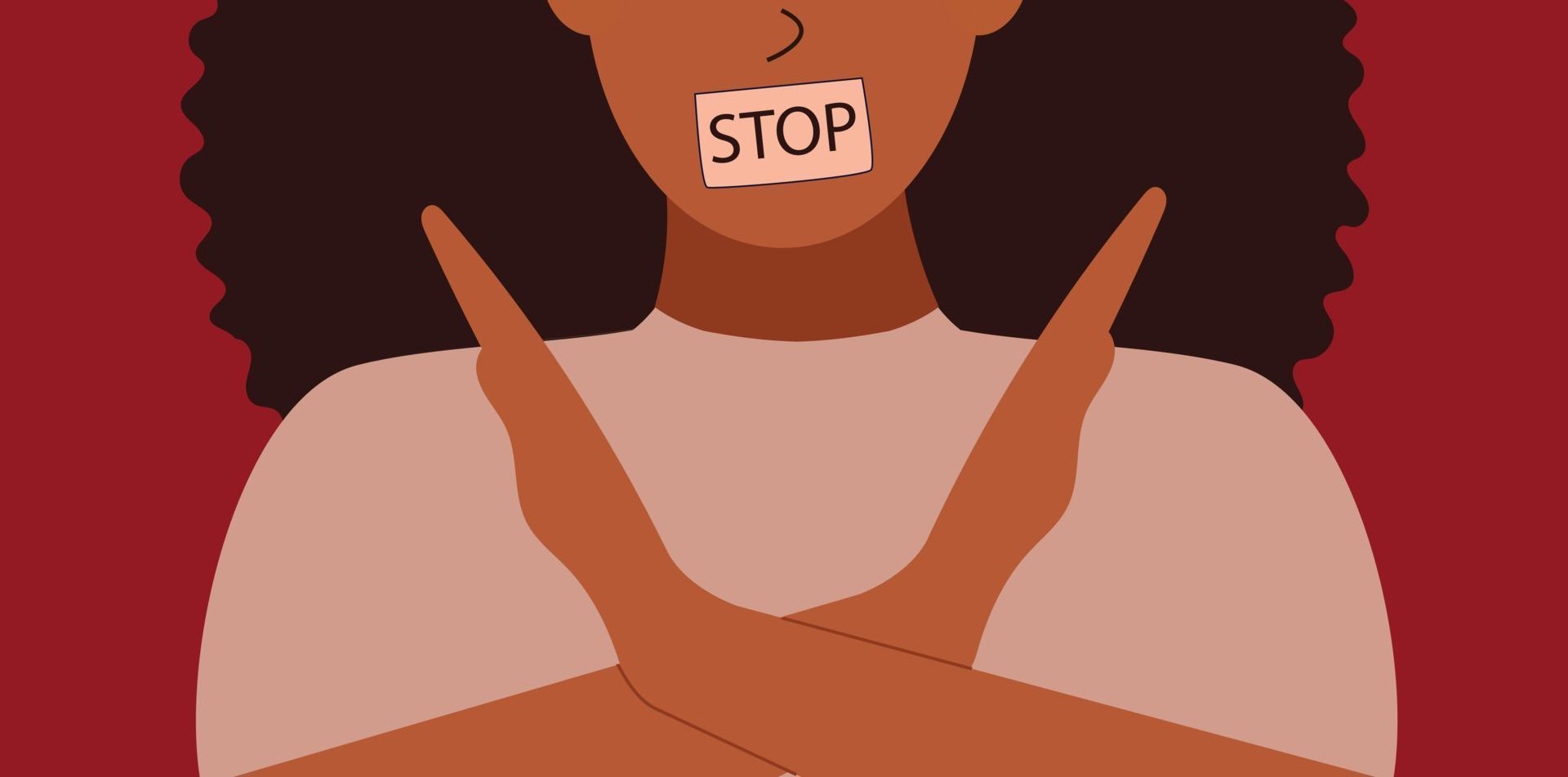 mujer fuerte cruzó las manos para protestar y protegerse. la mujer activista defiende la igualdad de género, los derechos de la mujer. concepto de empoderamiento de la mujer, discriminación y violencia. ilustración vectorial vector