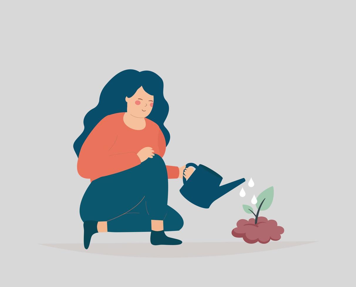 mujer sentada en el suelo, regando un pequeño árbol. chica jardinero crece planta. concepto de forestación, día internacional de la tierra, economía verde, salvar el planeta, la naturaleza y el concepto de protección del medio ambiente. vector