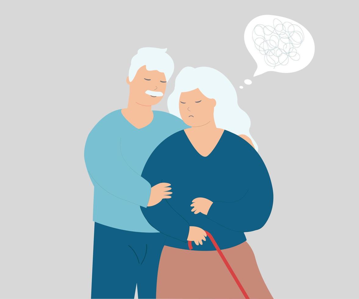 Old woman with dementia or anxiety. Husband helps his wife with amnesia. Concept of marriage and support. Stressed senior people struggle against mental disorder, Alzheimer disease and memory loss. vector