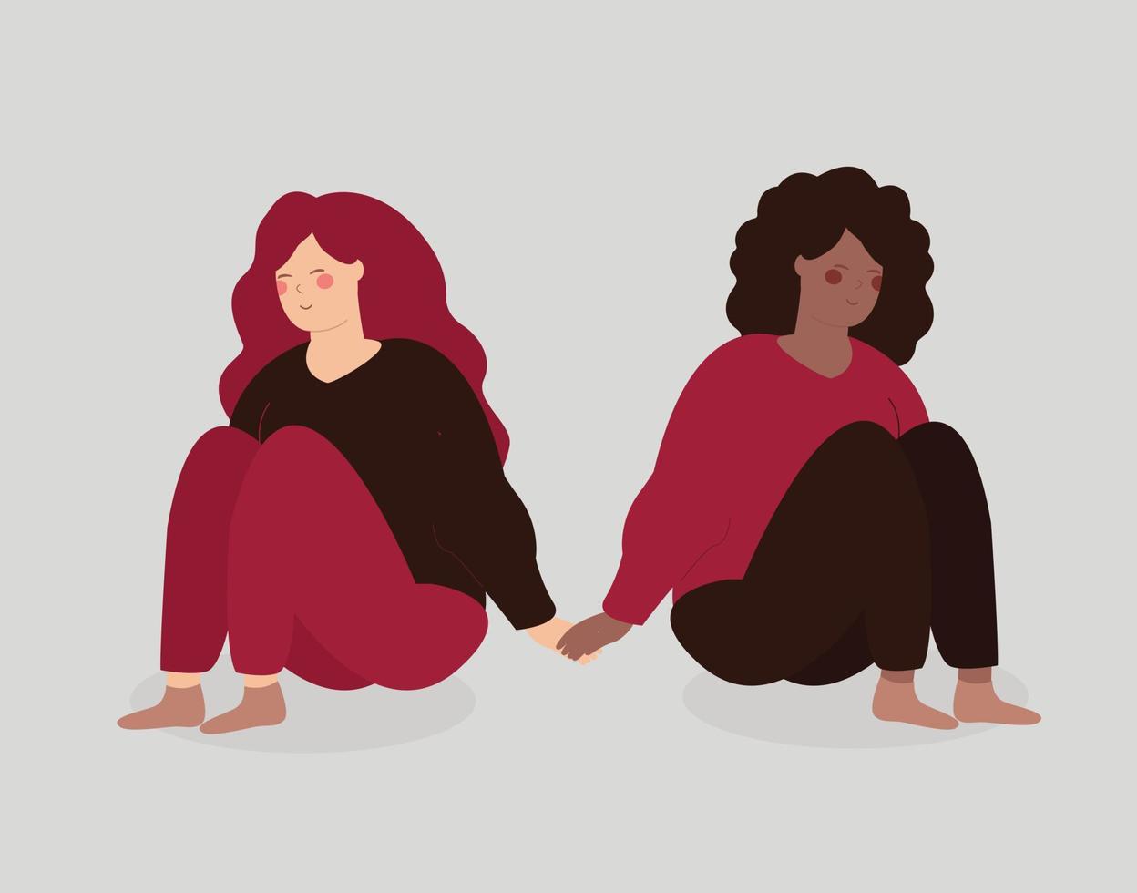 Two activist women sit together and support each other. Feminist girls from different ethnicity hold arms and look happy. Friendship sisterhood and solidarity concept. Vector illustration