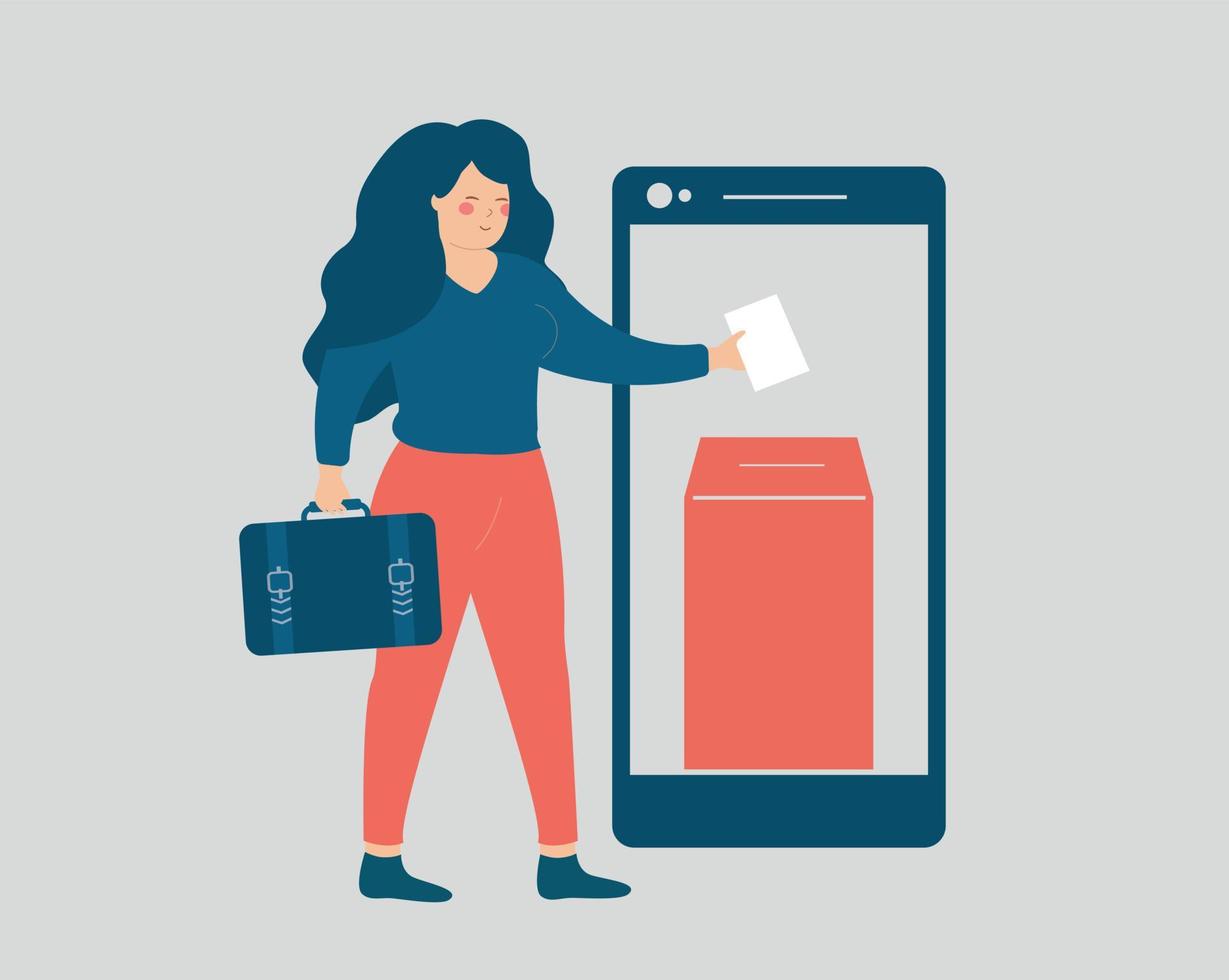 Young businesswoman voted online using her mobile phone. Business woman put the ballot into the box over her smartphone. politics, democracy, e-voting and online election concept. Vector illustration